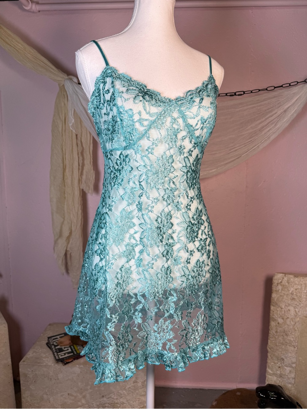 Teal Floral Lace Slip Mini Dress Y2K Size Medium